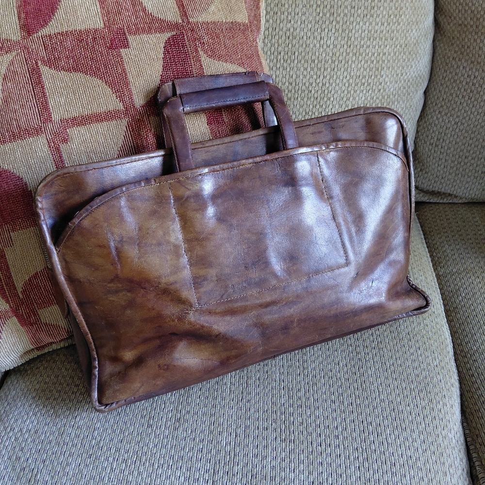 Vintage 70s dark brown leather multi pocket tote breifcase retractable handles